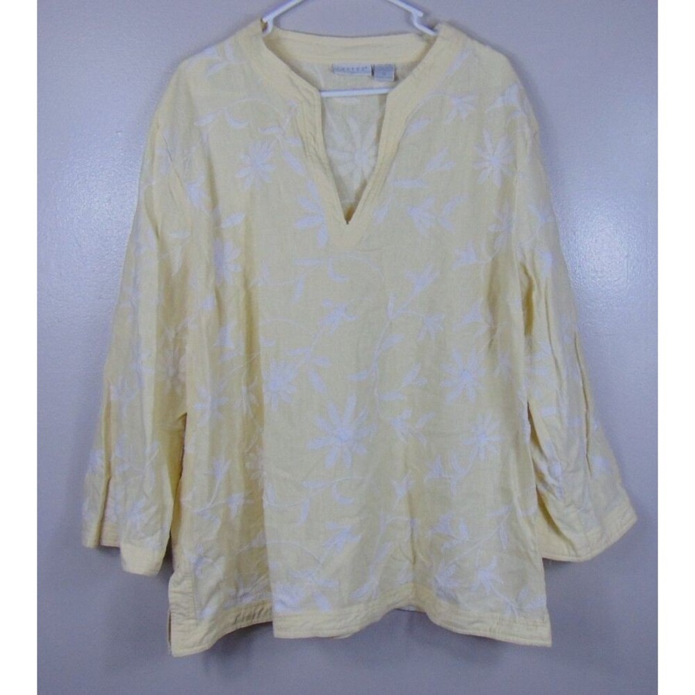 Tweeds Womens 3X Tunic Top Yellow Floral Embroidered V-Neck Boho Lagenlook Linen